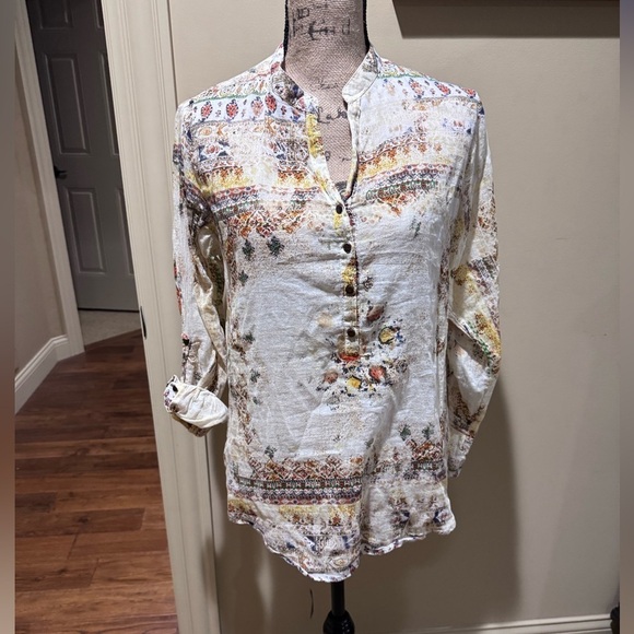 jak Tops - Floral Relaxed Buttoned Blouse with Mandarin Collar